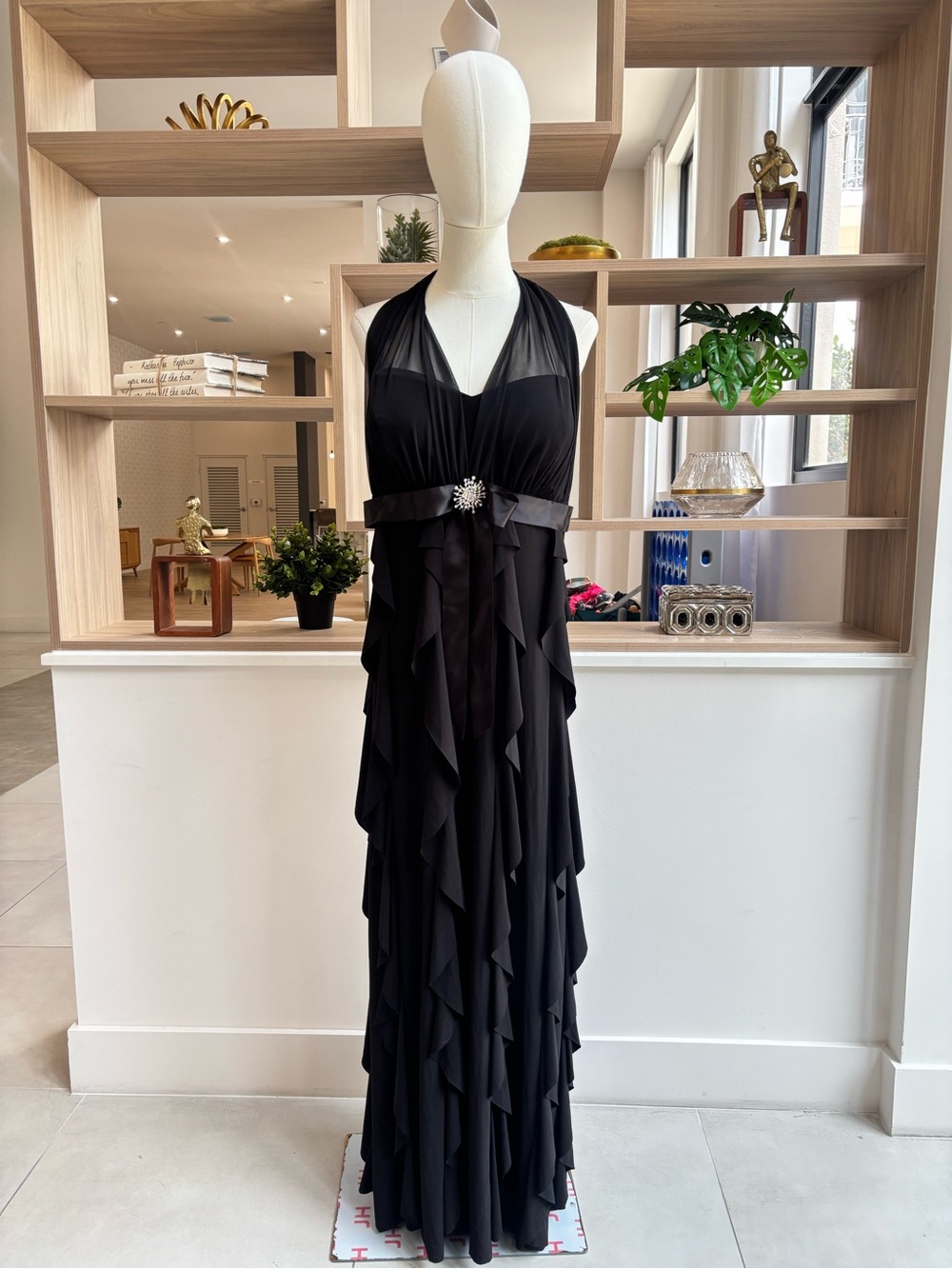 Betsy & Adam Black Halter Ruffle-Tier Evening Maxi Dress